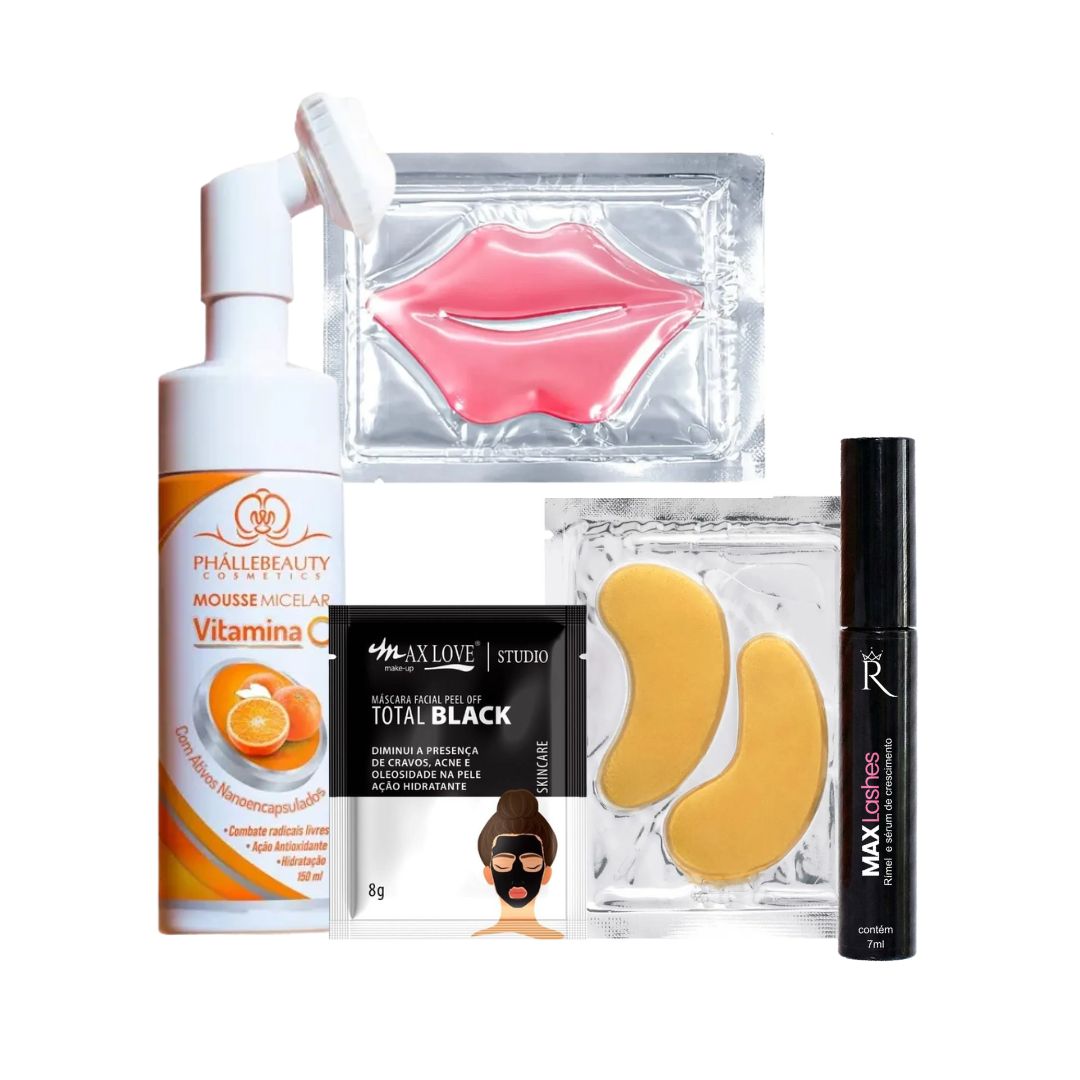 Kit Mousse limpeza + Máscara Labial + Máscara de olheiras + Máscara facial + Max Lashes