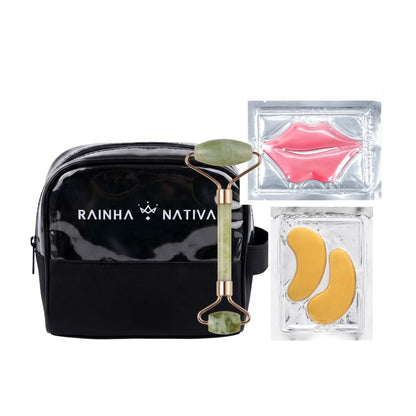 Kit Máscara de olheiras + Máscara Labial + Rolo Pedra de Jade + Necessáire Rainha Nativa