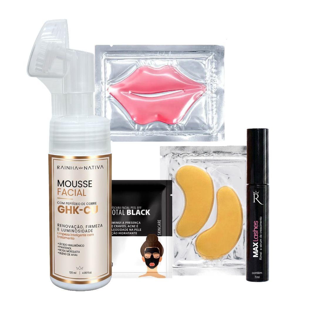 Kit Mousse limpeza +  Máscara Labial + Máscara de olheiras + Máscara facial + Max Lashes