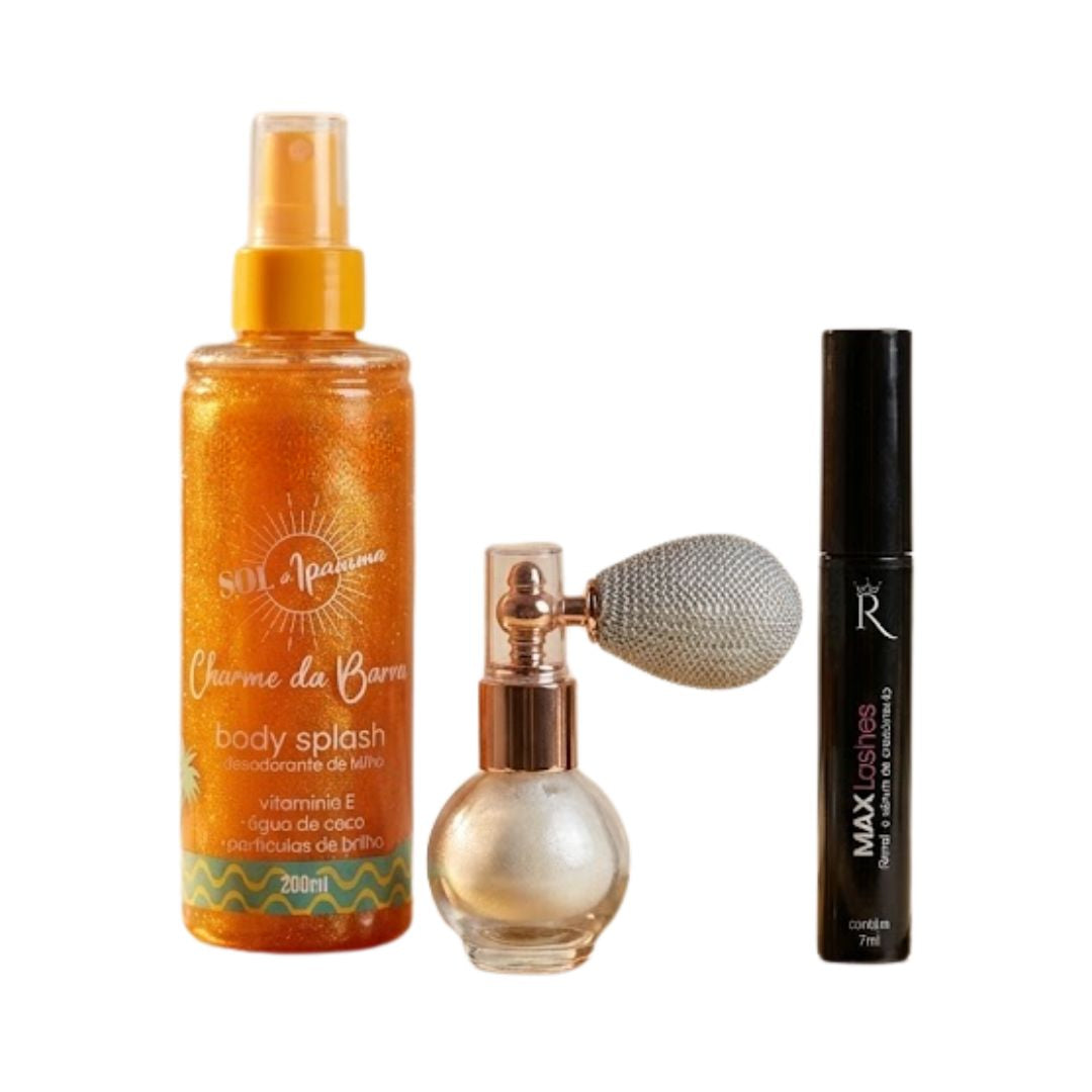 Kit Body splash brilho dourado + Pó de fada + Max Lashes