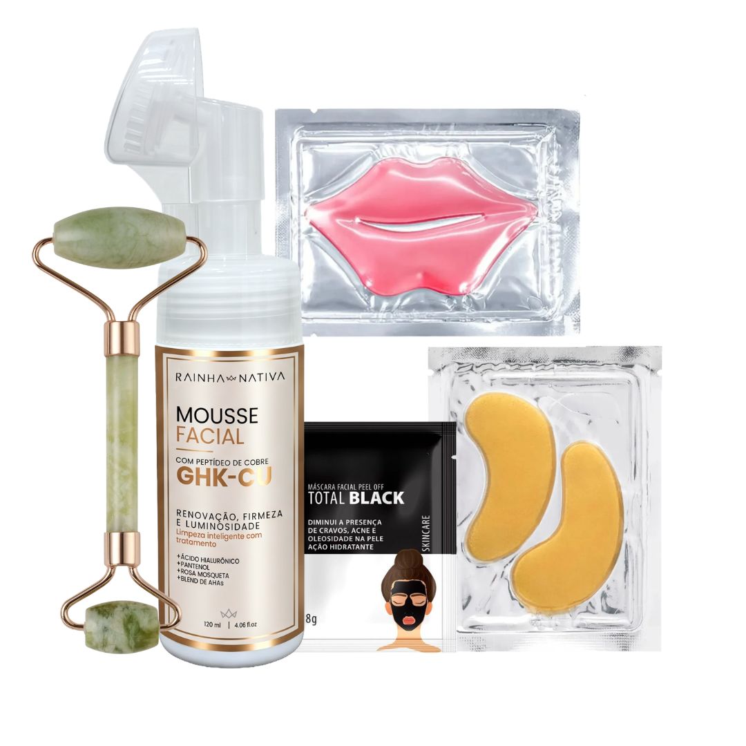 KIT Mousse limpeza + Máscara Labial + Máscara de olheiras + Máscara facial + Roller + Max Lashes