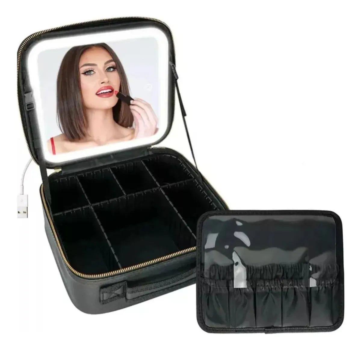 Maleta Bolsa Make Acessórios Espelho Led Porta Pincel Preto
