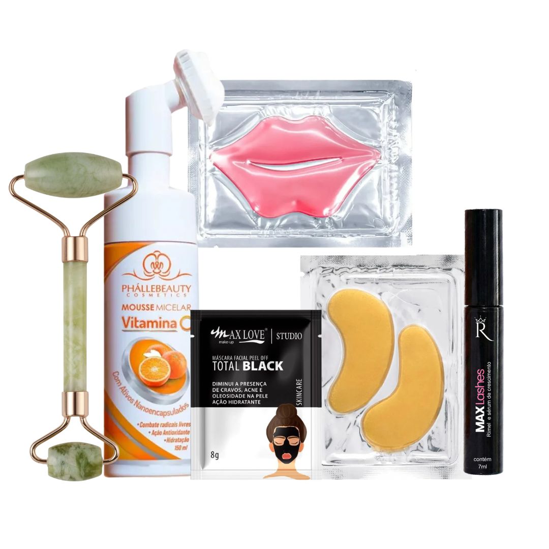 KIT Mousse limpeza + Máscara Labial + Máscara de olheiras + Máscara facial + Roller + Max Lashes