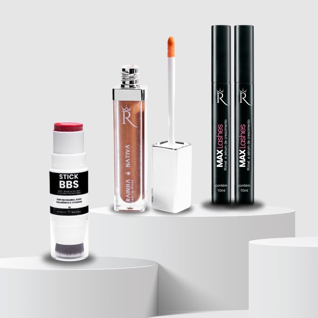 KIT  Stick BBS Cherry Brilho + Max Lashes 2 unidade + Gloss Led Cor 1 Queen Clean